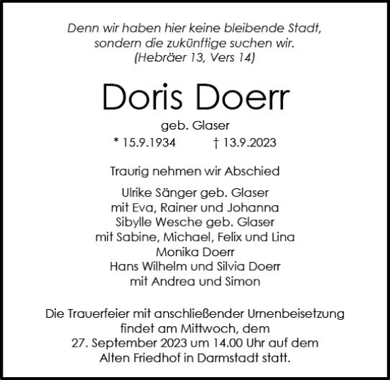 Traueranzeige von Doris Doerr von Darmstädter Echo