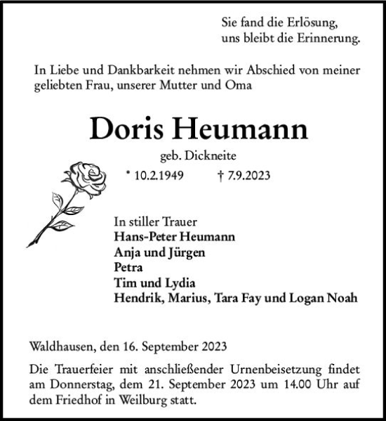 Traueranzeige von Doris Heumann von Weilburger Tageblatt