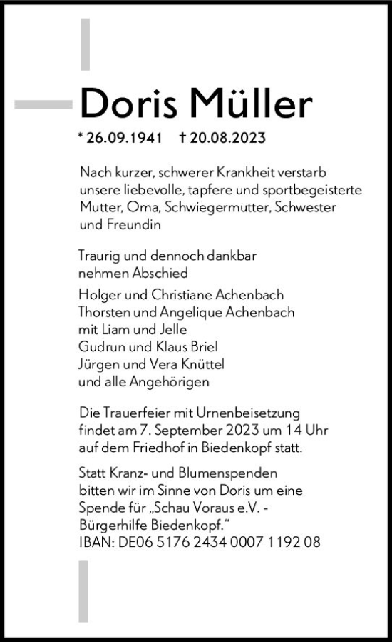 Traueranzeige von Doris Müller von Hinterländer Anzeiger