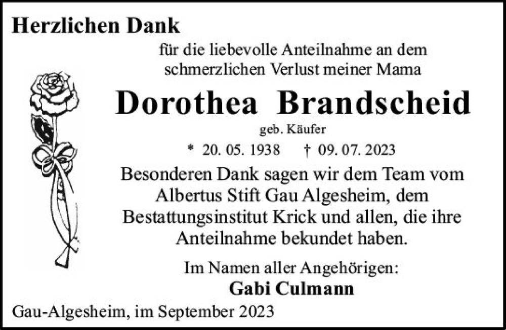  Traueranzeige für Dorothea Brandscheid vom 09.09.2023 aus Bingen/Ingelheim WOBL inkl. Neue Binger Ztg.