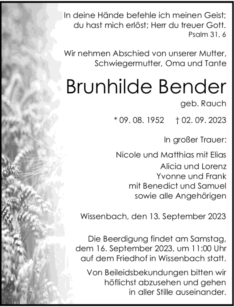  Traueranzeige für Brunhilde Bender vom 13.09.2023 aus Dill Block