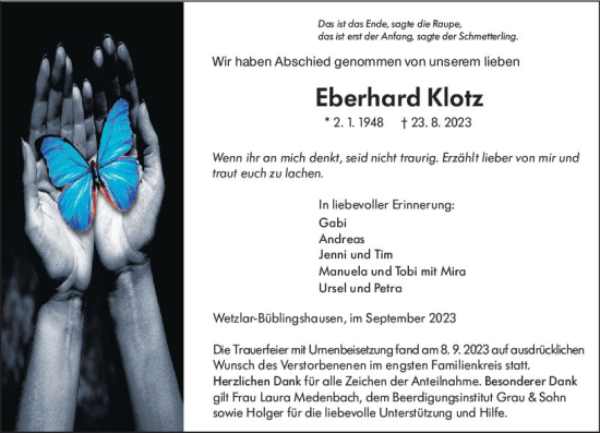 Traueranzeige von Eberhard Klotz von Wetzlarer Neue Zeitung