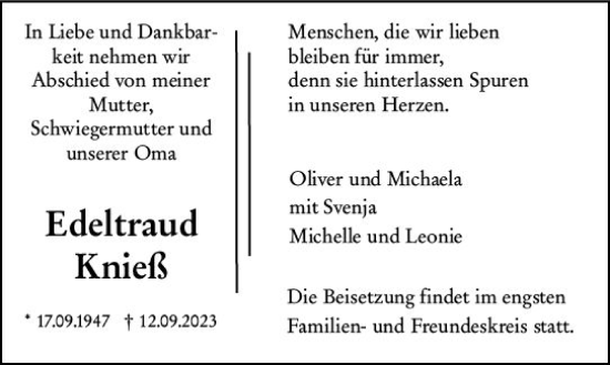 Traueranzeige von Edeltraud Knieß von Darmstädter Echo