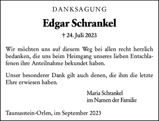 Traueranzeige von Edgar Schrankel von Wiesbadener Kurier