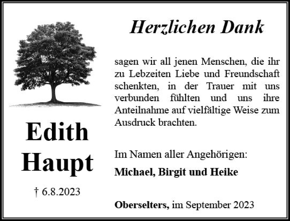  Traueranzeige für Edith Haupt vom 07.09.2023 aus Camberger Anzeiger