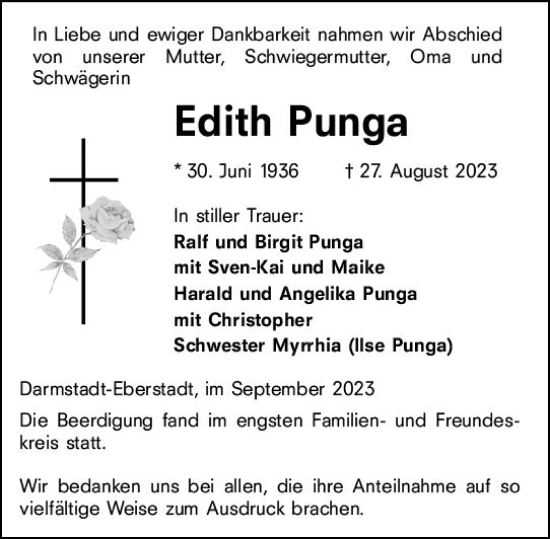 Traueranzeige von Edith Punga von Darmstädter Echo