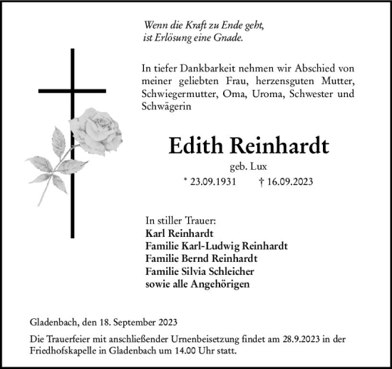 Traueranzeige von Edith Reinhardt von Hinterländer Anzeiger