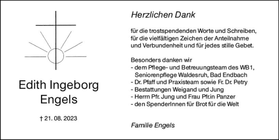 Traueranzeige von Edith Ingeborg Engels von Hinterländer Anzeiger