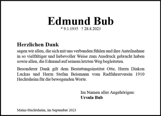 Traueranzeige von Edmund Bub von Allgemeine Zeitung Mainz