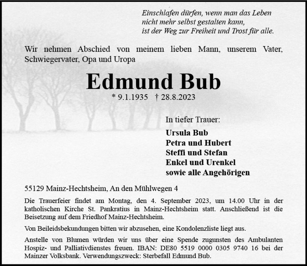  Traueranzeige für Edmund Bub vom 02.09.2023 aus Allgemeine Zeitung Mainz