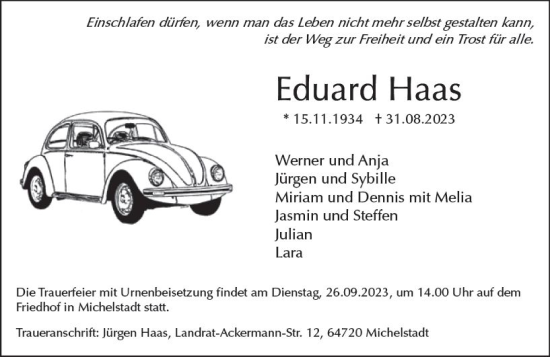 Traueranzeige von Eduard Haas von Odenwälder Echo