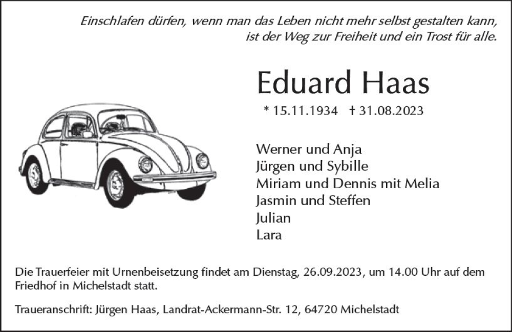  Traueranzeige für Eduard Haas vom 16.09.2023 aus Odenwälder Echo