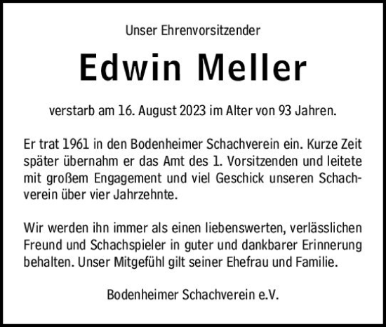 Traueranzeige von Edwin Meller von Allgemeine Zeitung Mainz