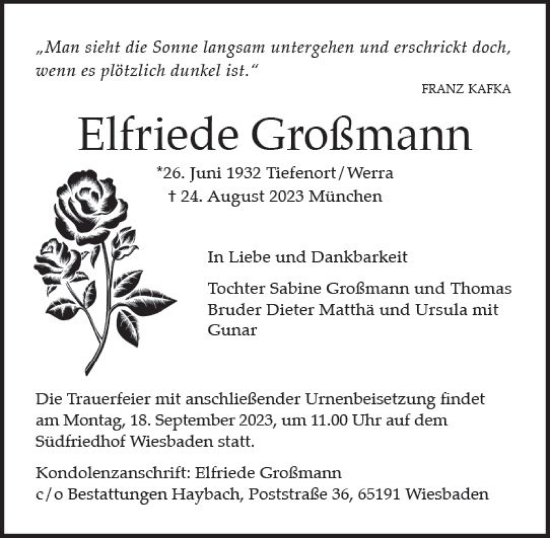 Traueranzeige von Elfriede Großmann von Wiesbadener Kurier