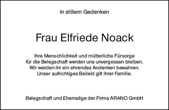 Traueranzeige von Elfriede Noack von Wetzlarer Neue Zeitung