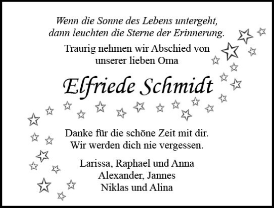 Traueranzeige von Elfriede Schmidt von Weilburger Tageblatt