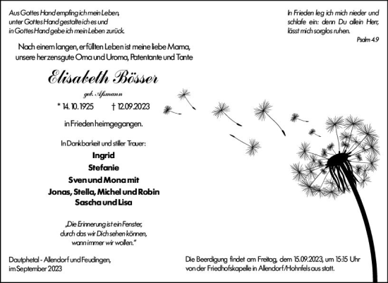 Traueranzeige von Elisabeth Bösser von Hinterländer Anzeiger