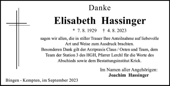 Traueranzeige von Elisabeth Hassinger von Bingen/Ingelheim WOBL inkl. Neue Binger Ztg.