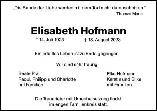 Traueranzeige von Elisabeth Hofmann von Darmstädter Echo