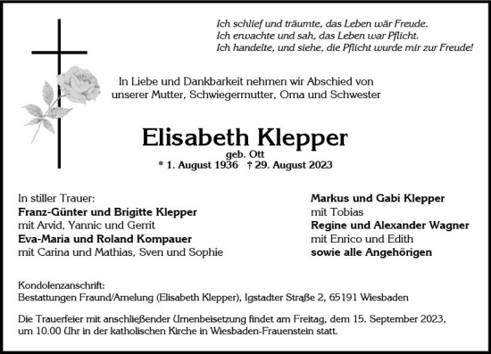 Traueranzeige von Elisabeth Klepper von Wiesbadener Kurier