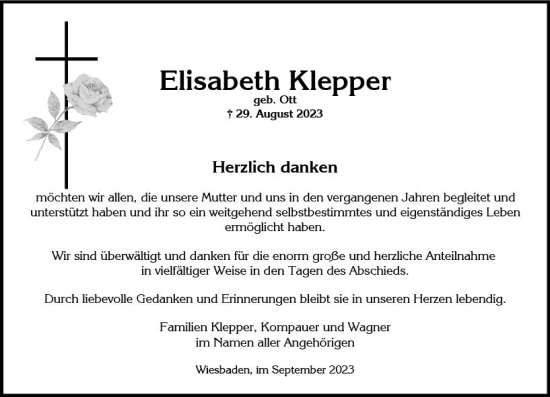 Traueranzeige von Elisabeth Klepper von Wiesbadener Kurier
