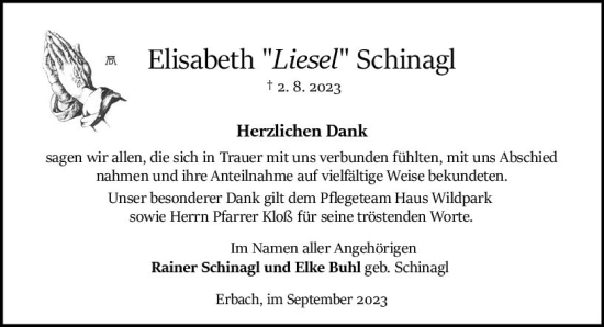 Traueranzeige von Elisabeth Schinagl von Odenwälder Echo