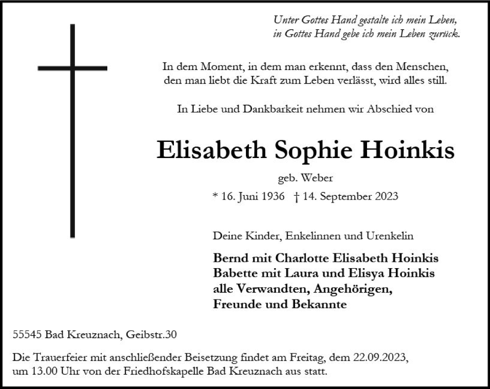  Traueranzeige für Elisabeth Sophie Hoinkis vom 19.09.2023 aus Allgemeine Zeitung Bad Kreuznach