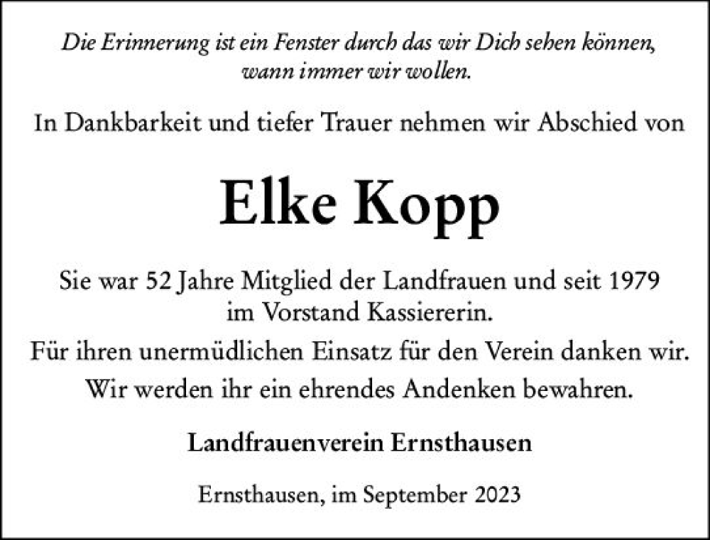  Traueranzeige für Elke Kopp vom 22.09.2023 aus Weilburger Tageblatt