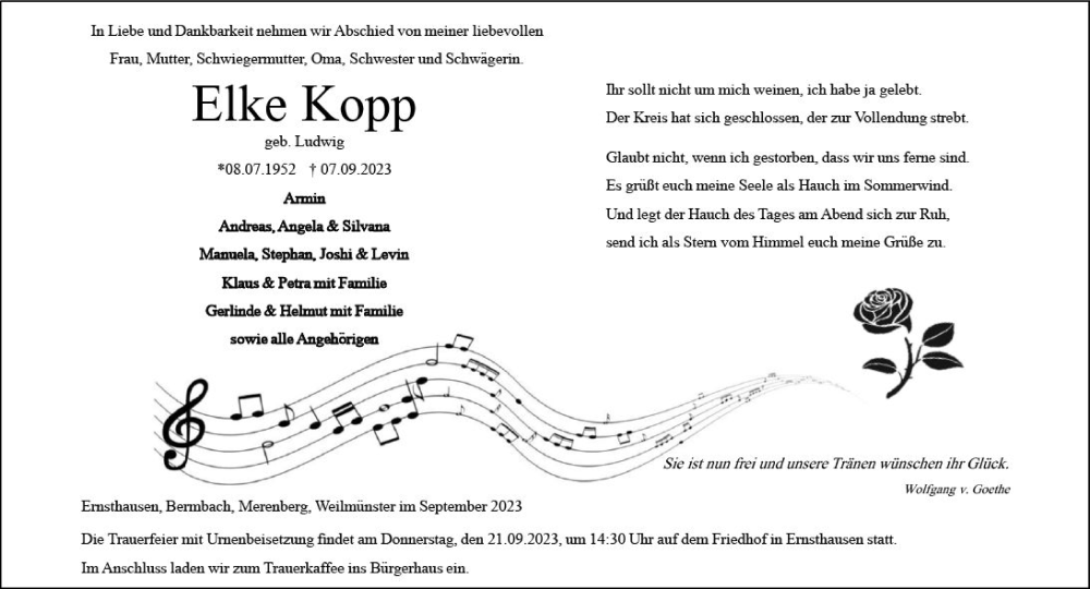  Traueranzeige für Elke Kopp vom 16.09.2023 aus Weilburger Tageblatt
