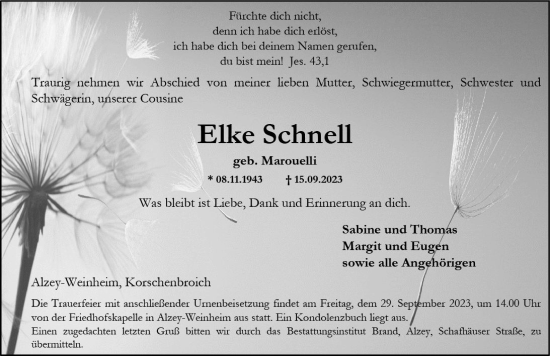 Traueranzeige von Elke Schnell von Allgemeine Zeitung Alzey