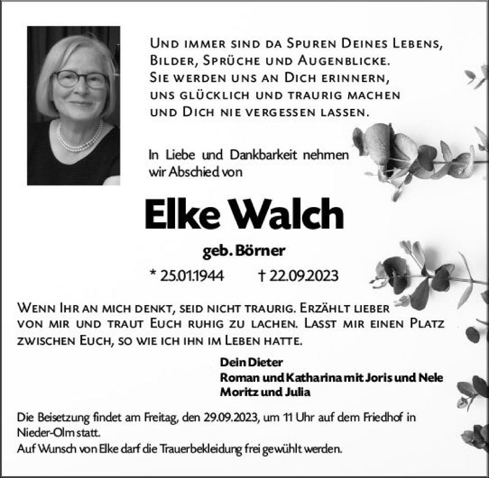  Traueranzeige für Elke Walch vom 26.09.2023 aus Allgemeine Zeitung Mainz