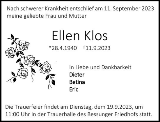 Traueranzeige von Ellen Klos von Darmstädter Echo