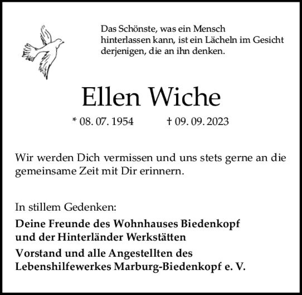 Traueranzeige für Ellen Wiche vom 27.09.2023 aus Hinterländer Anzeiger