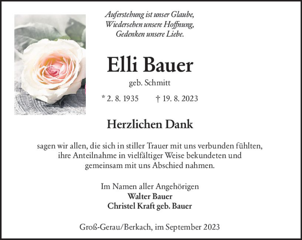  Traueranzeige für Elli Bauer vom 16.09.2023 aus Groß-Gerauer Echo