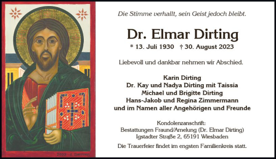 Traueranzeige von Elmar Dirting von Wiesbadener Kurier