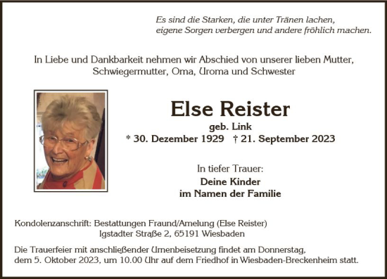 Traueranzeige von Else Reister von Wiesbadener Kurier