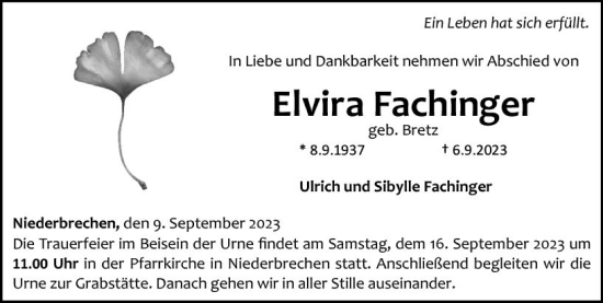 Traueranzeige von Elvira Fachinger von Nassauische Neue Presse