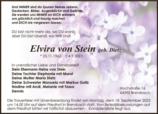 Traueranzeige von Elvira von Stein von Odenwälder Echo
