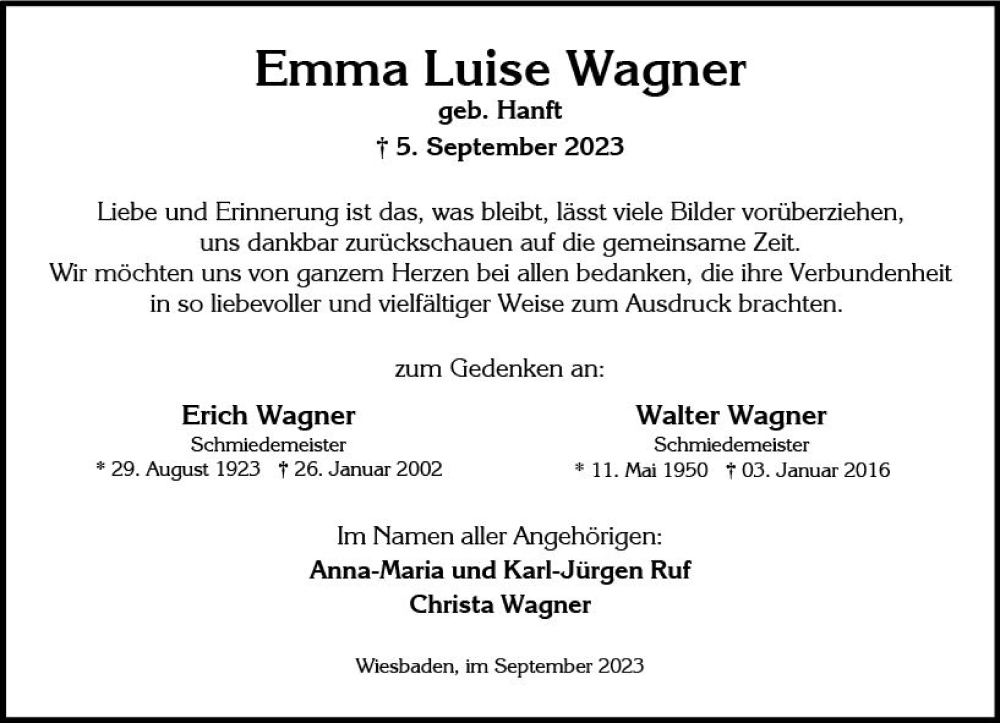  Traueranzeige für Emma Luise Wagner vom 23.09.2023 aus Wiesbadener Kurier