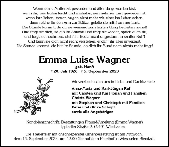 Traueranzeige von Emma Luise Wagner von Wiesbadener Kurier