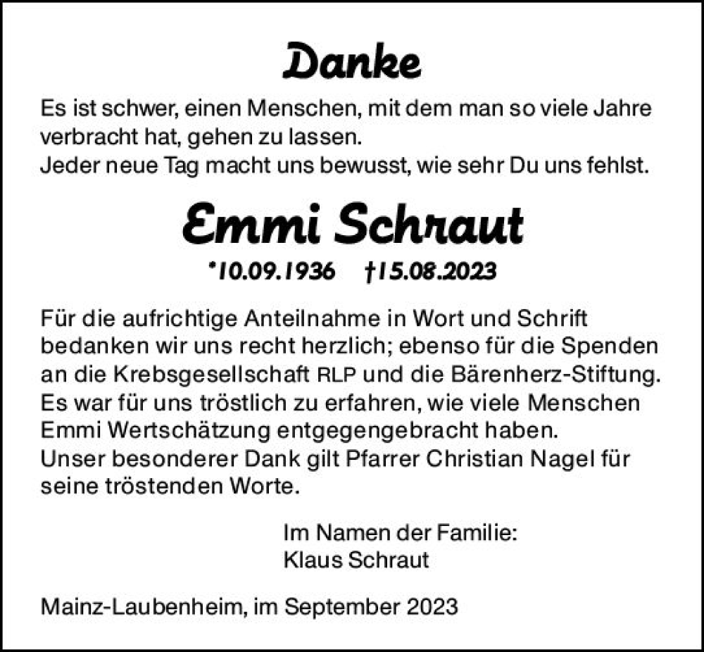  Traueranzeige für Emmi Schraut vom 16.09.2023 aus Allgemeine Zeitung Mainz