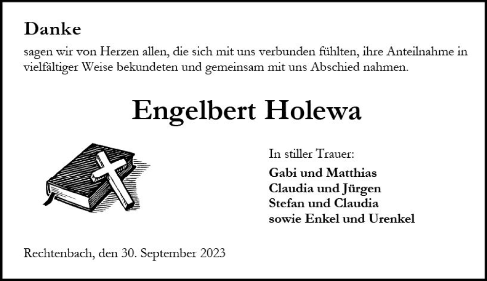 Traueranzeige für Engelbert Holewa vom 30.09.2023 aus Wetzlarer Neue Zeitung
