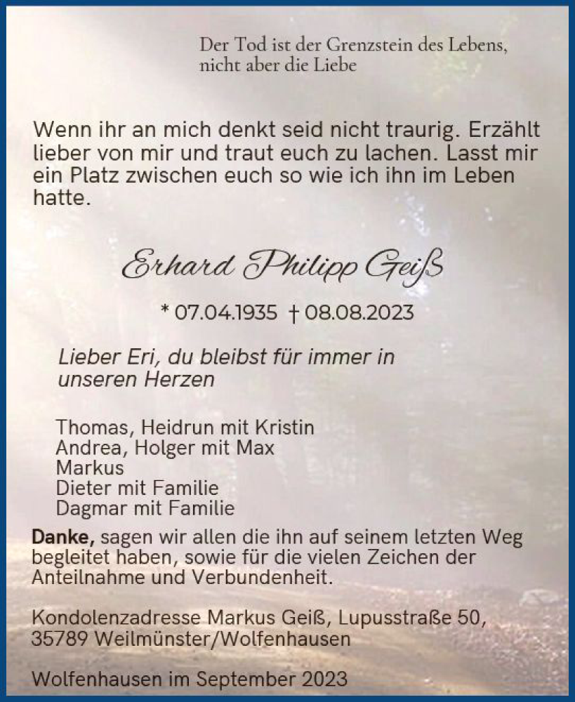  Traueranzeige für Erhard Philipp Greiß vom 09.09.2023 aus Weilburger Tageblatt
