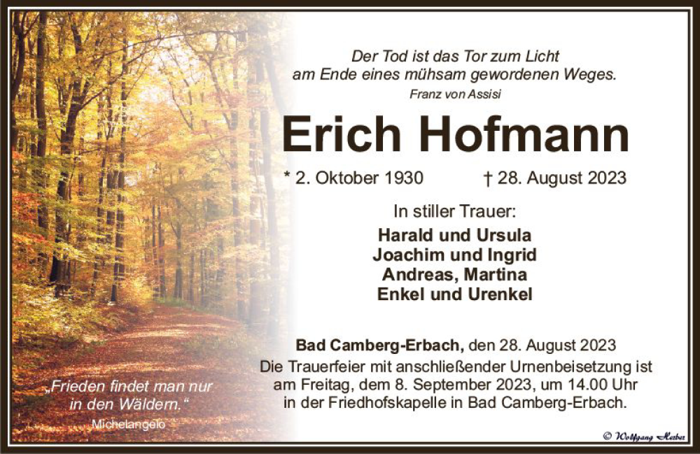  Traueranzeige für Erich Hofmann vom 07.09.2023 aus Camberger Anzeiger