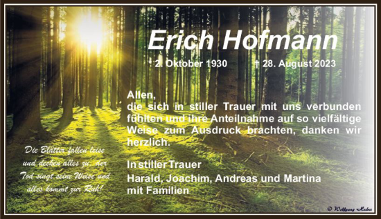 Traueranzeige von Erich Hofmann von Camberger Anzeiger