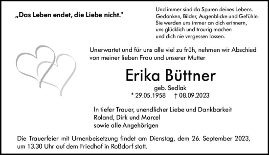 Traueranzeige von Erika Büttner von Darmstädter Echo