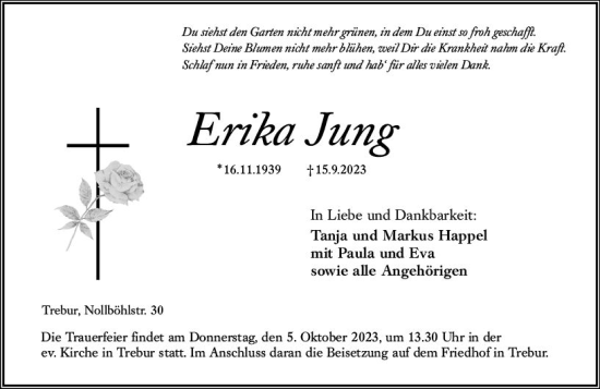 Traueranzeige von Erika Jung von Rüsselsheimer Echo