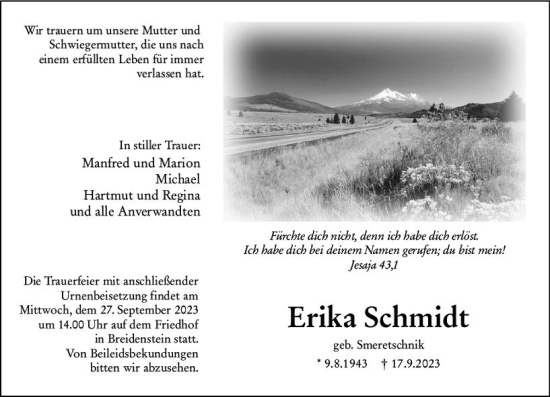 Traueranzeige von Erika Schmidt von Hinterländer Anzeiger