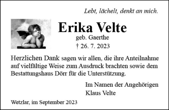 Traueranzeige von Erika Velte von Wetzlarer Neue Zeitung