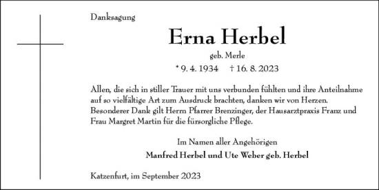 Traueranzeige von Erna Herbel von Wetzlarer Neue Zeitung